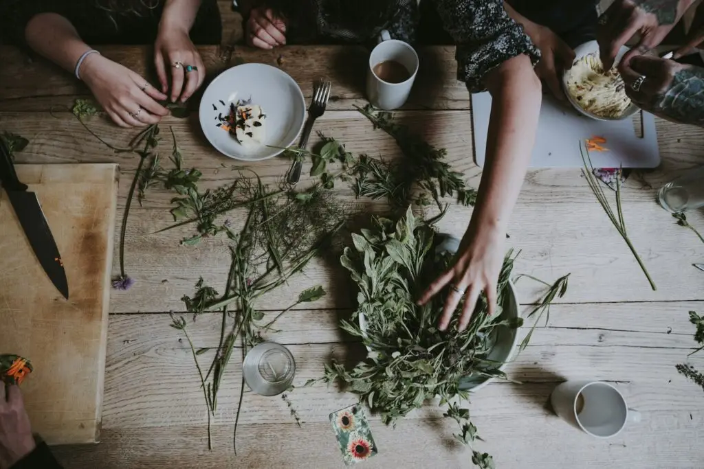 Hands sorting fresh herbs on a wooden table